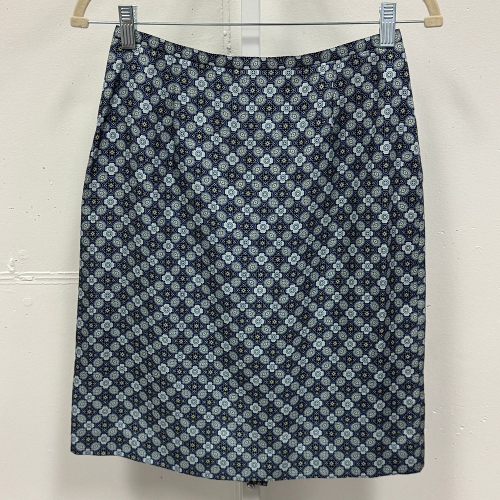Y2K Ann Taylor 100% Silk Blue Geometric Medallion Pencil‎ Skirt Sz 2 Knee Length